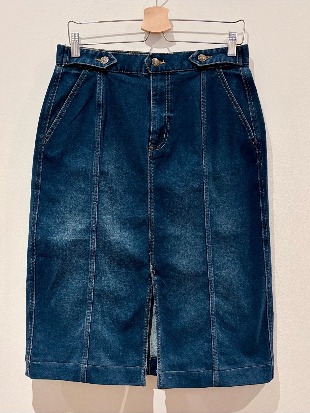 CHAPS Dark Wash Denim Midi Pencil Skirt with Front Slit – Size 10 - Picture 2 of 8